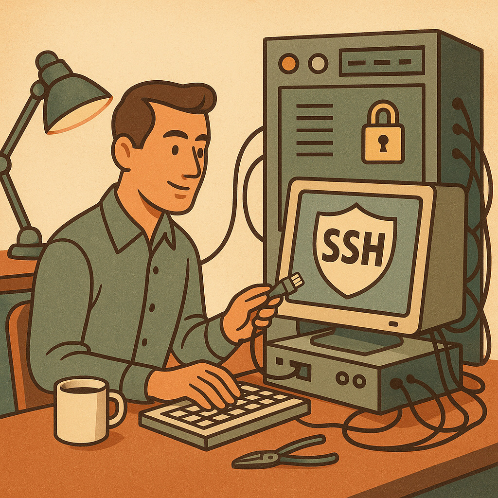 системный администратор управляет сервером через защищённое SSH-соединение