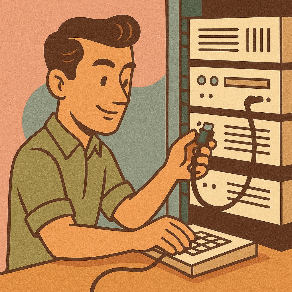 системный администратор на работе у серверного шкафа