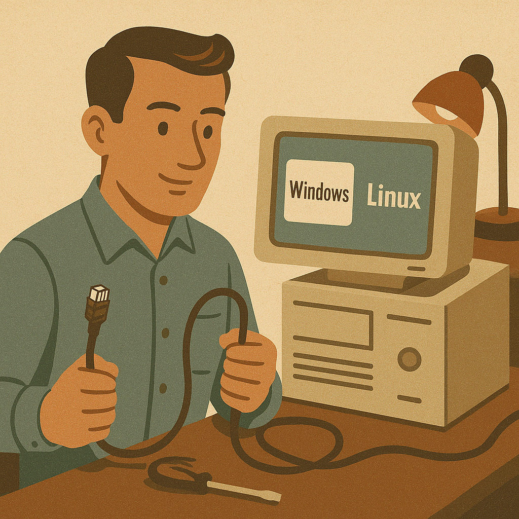 системный администратор выбирает между Windows и Linux на мониторе