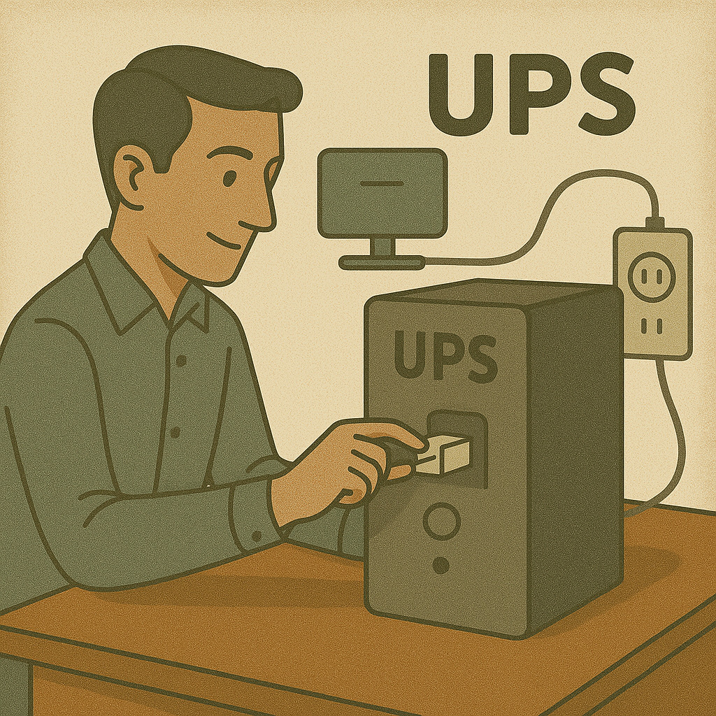 системный администратор подключает сервер к UPS в серверной комнате