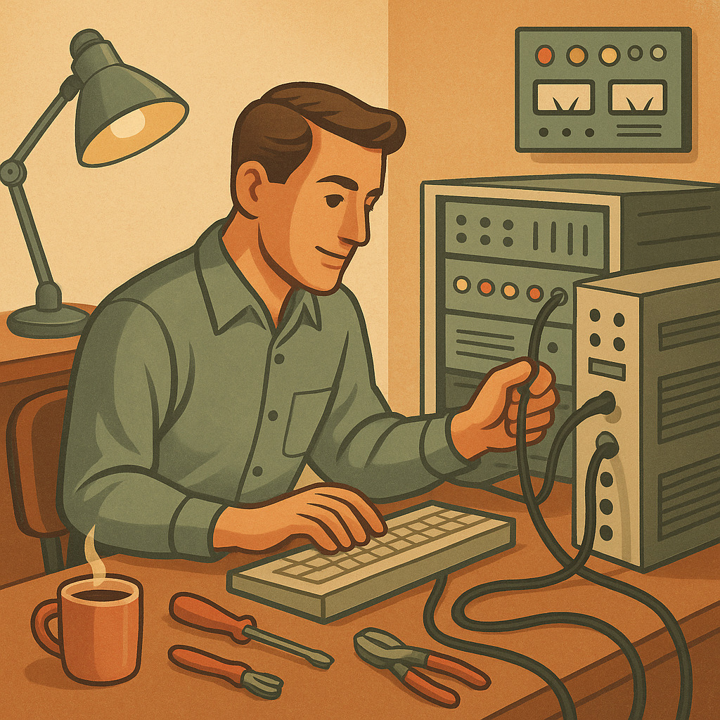 системный администратор настраивает компьютеры в офисе