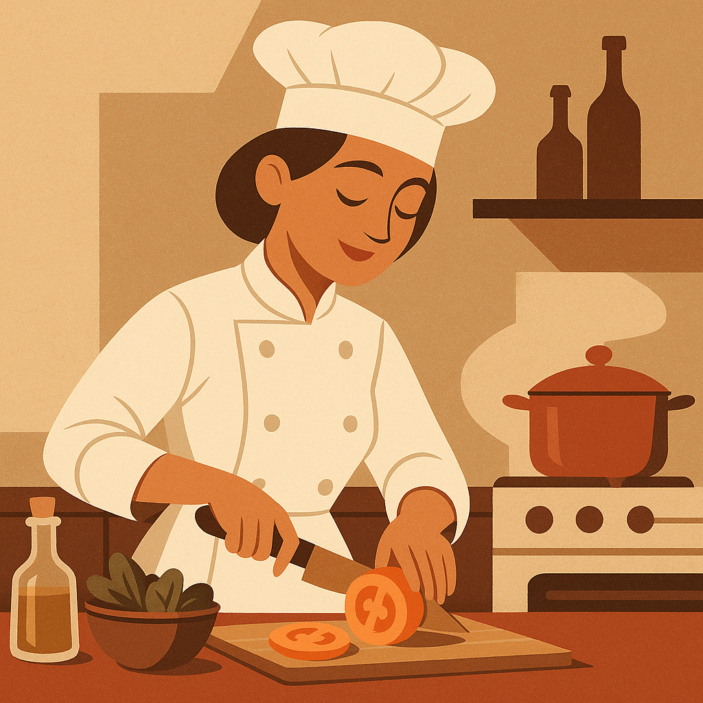 шеф-повар в белом кителе руководит работой команды на кухне ресторана