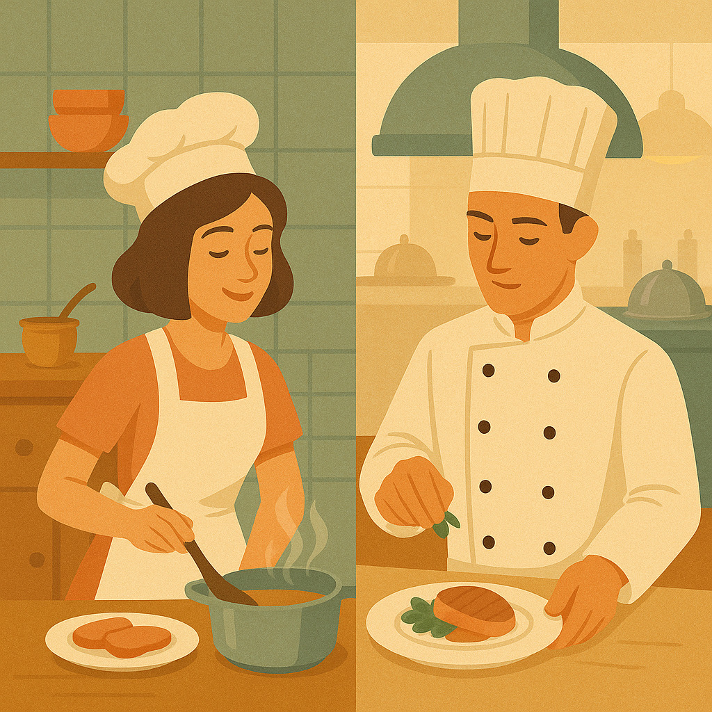 молодой повар без опыта проходит стажировку на кухне кафе