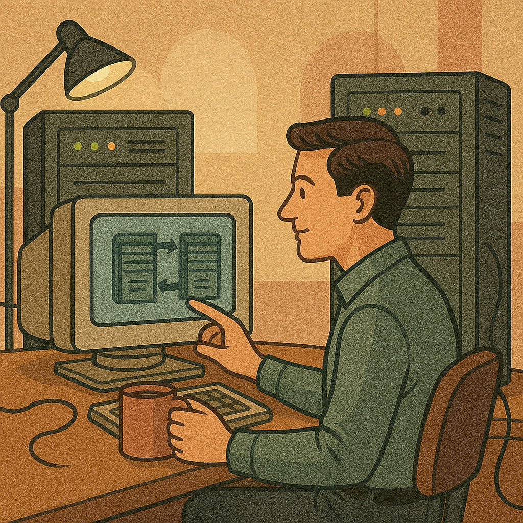 системный администратор работает с PowerShell, Zabbix, WinSCP, PuTTY и Veeam на двух мониторах