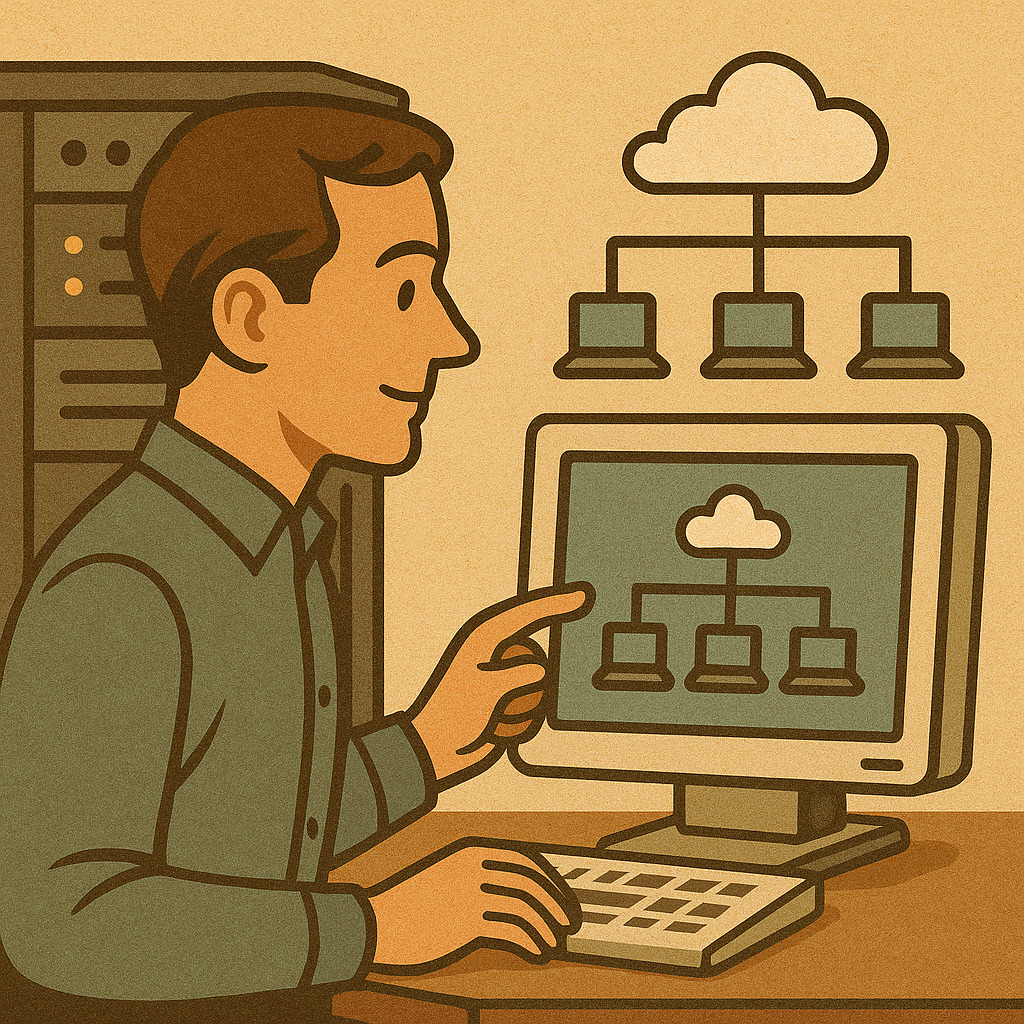 системный администратор работает с терминалом Linux на сервере