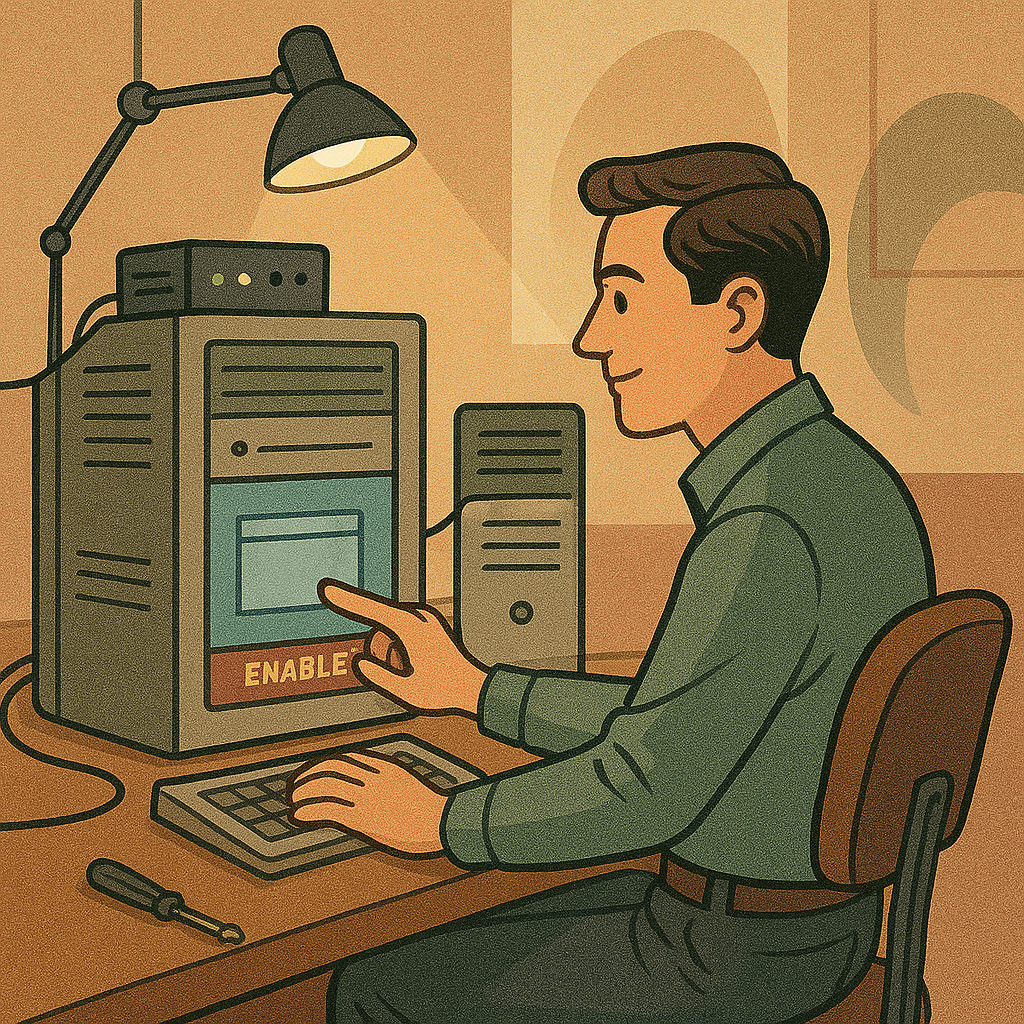 системный администратор за рабочим местом настраивает сеть и серверы компании