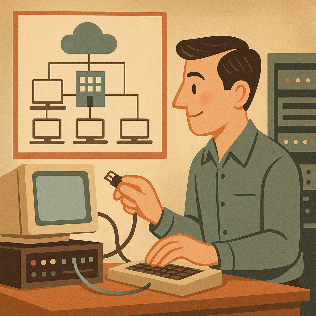 системный администратор работает с терминалом Linux на сервере