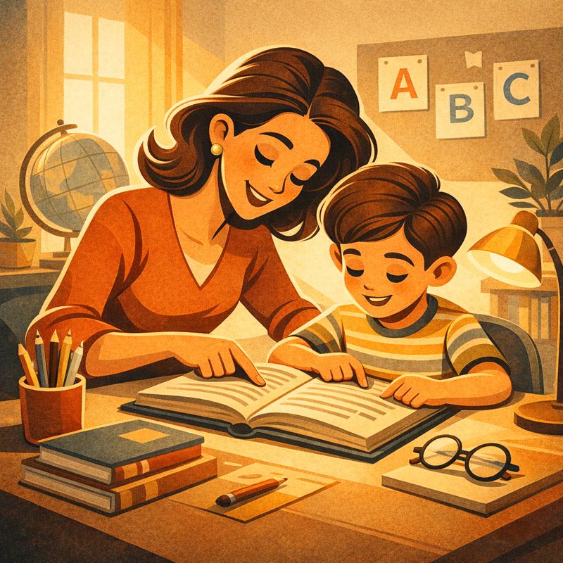 ребёнок спокойно читает книгу за столом