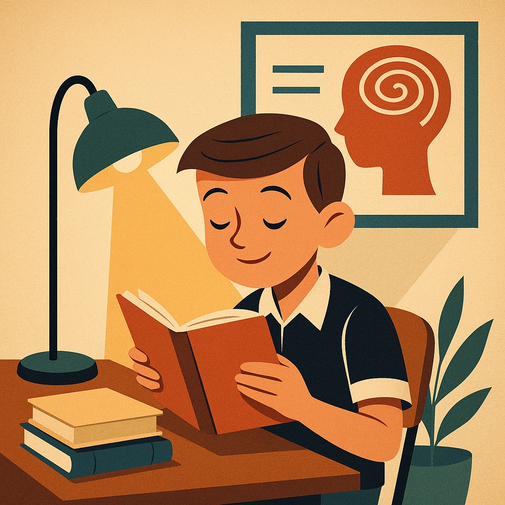 школьник читает учебник спокойно и уверенно