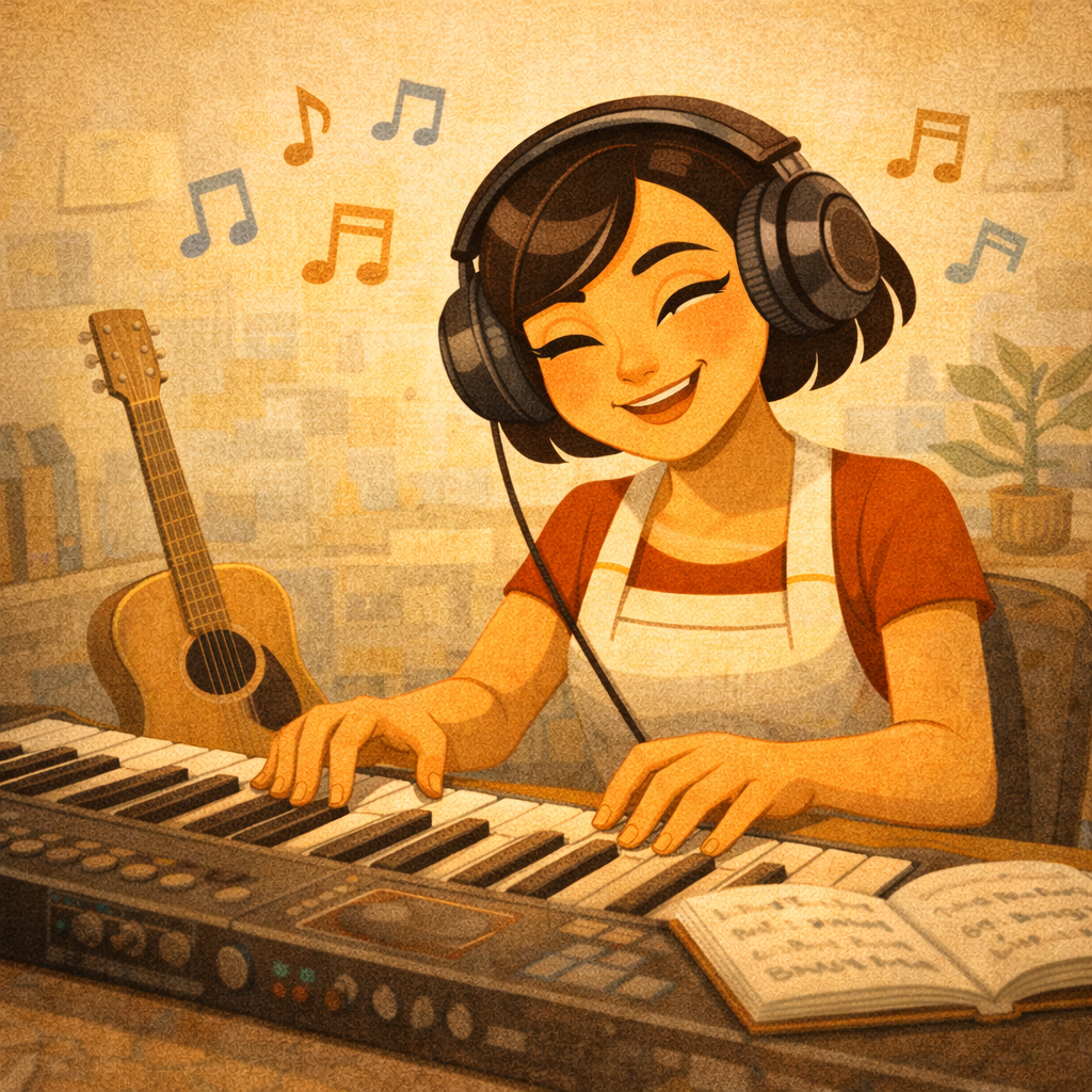 сонграйтер пишет черновик песни в таймерном режиме, рядом диктофон и ноутбук