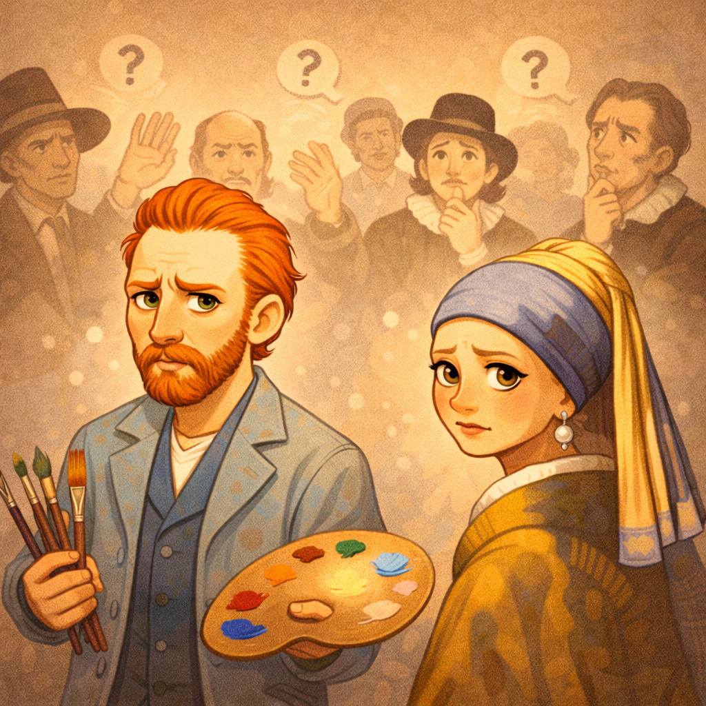 человек обсуждает картину в музее и показывает на детали света и композиции