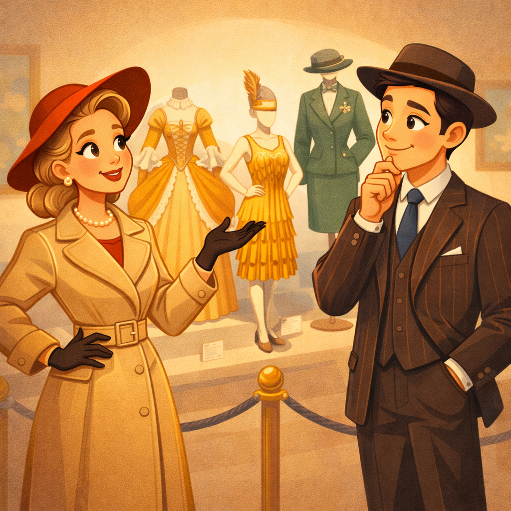 коллаж из исторических силуэтов одежды разных эпох на фоне музейной экспозиции