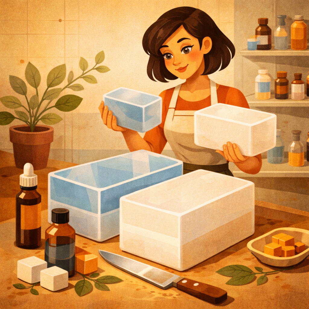 косметические пигменты и образцы мыла с разными оттенками на рабочем столе