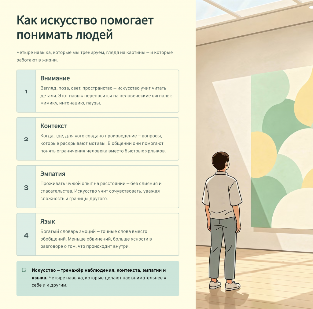 посетитель музея рассматривает портрет и делает заметки о выражении лица