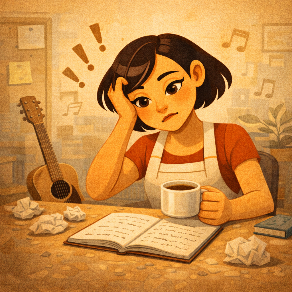 автор песен записывает демо в домашней студии, рядом ноутбук и микрофон