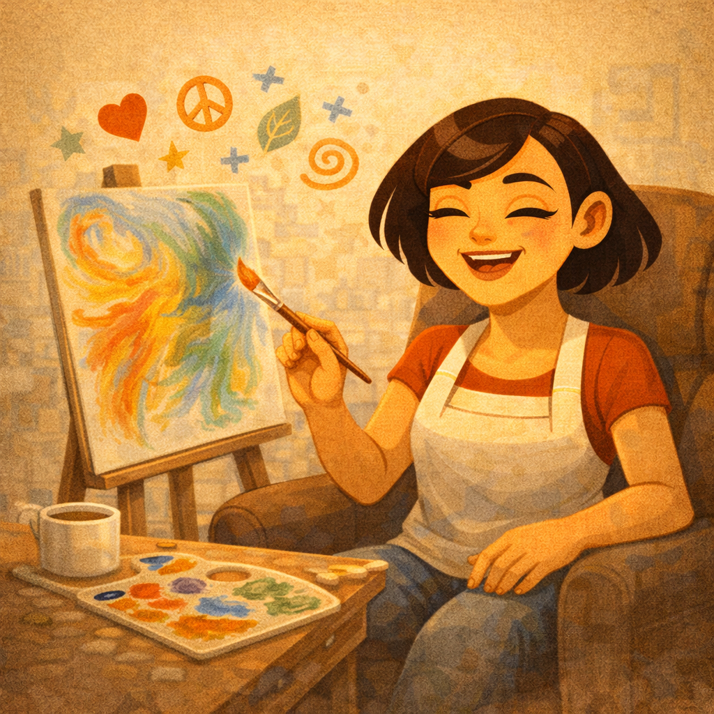 Человек рисует спокойные повторяющиеся линии и цветовые пятна в блокноте, рядом лежат пастель и карандаши, на столе мягкий свет и ощущение сосредоточенности.