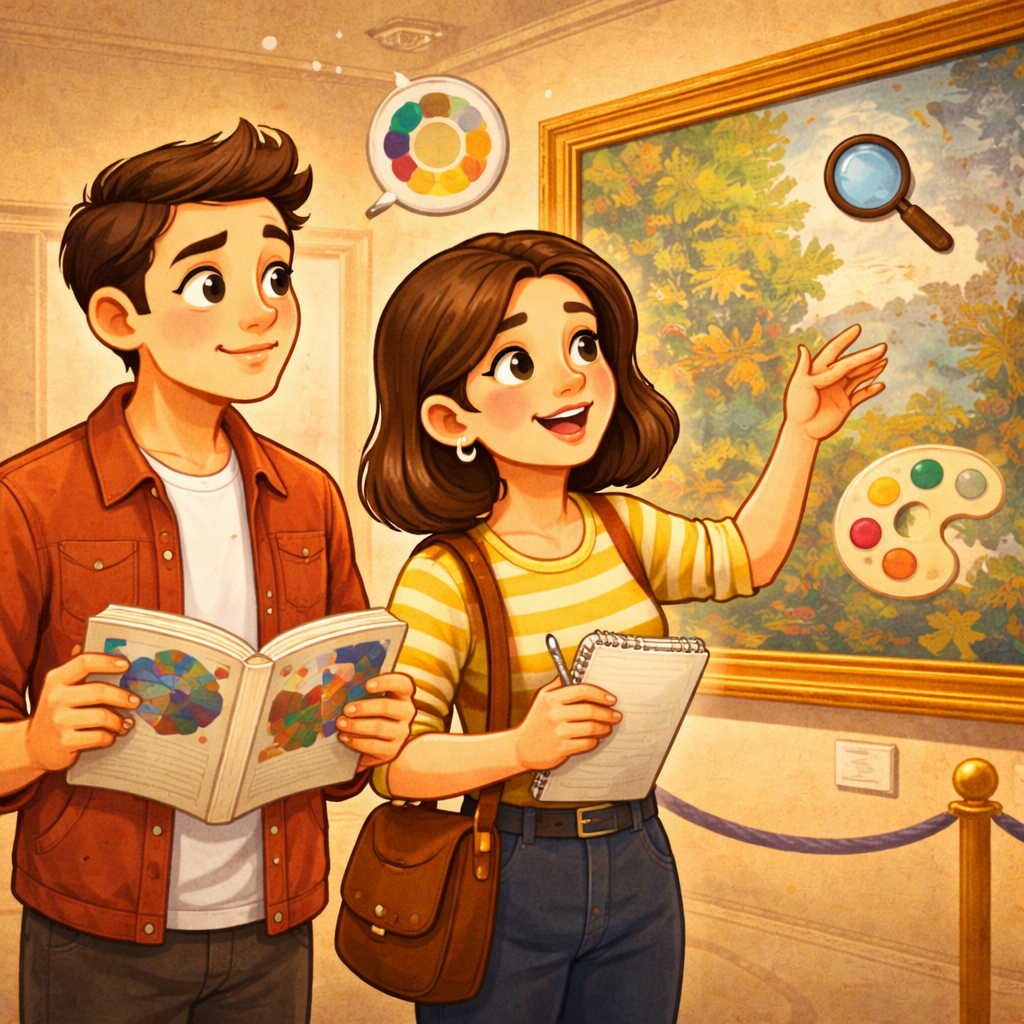 человек рассматривает картину в музее и делает заметки в блокноте