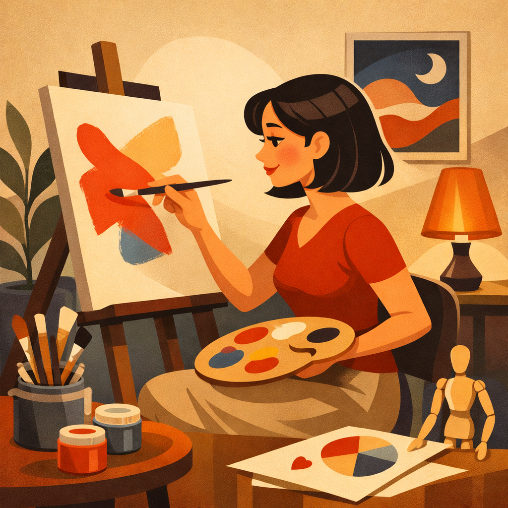 Человек рисует цветными карандашами абстрактные формы на листе бумаги, рядом лежат пастель и блокнот, заметны разные нажимы и ритмы линий.