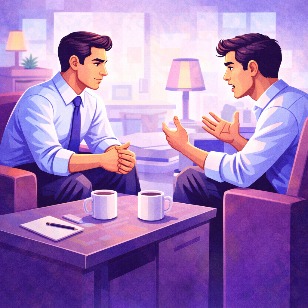 собеседник объясняет мысль руками, а наблюдатель замечает изменение жестов на чувствительной теме