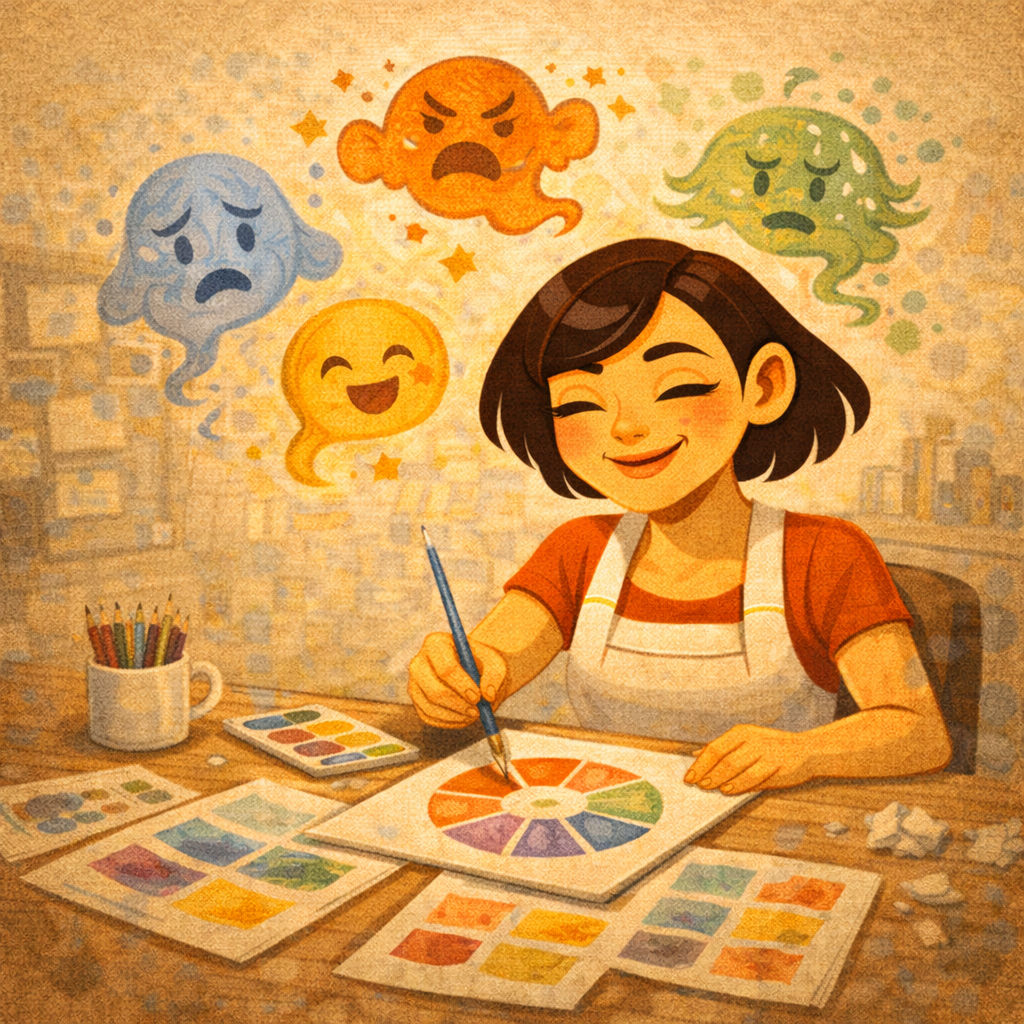 Человек делает наброски и пробные композиции на столе с бумагой и пастелью, рядом лежат вырезки для коллажа, на листах видны разные варианты форм и линий.