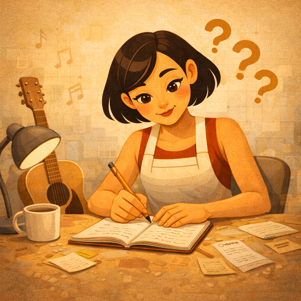 сонграйтер редактирует текст песни в блокноте рядом с микрофоном