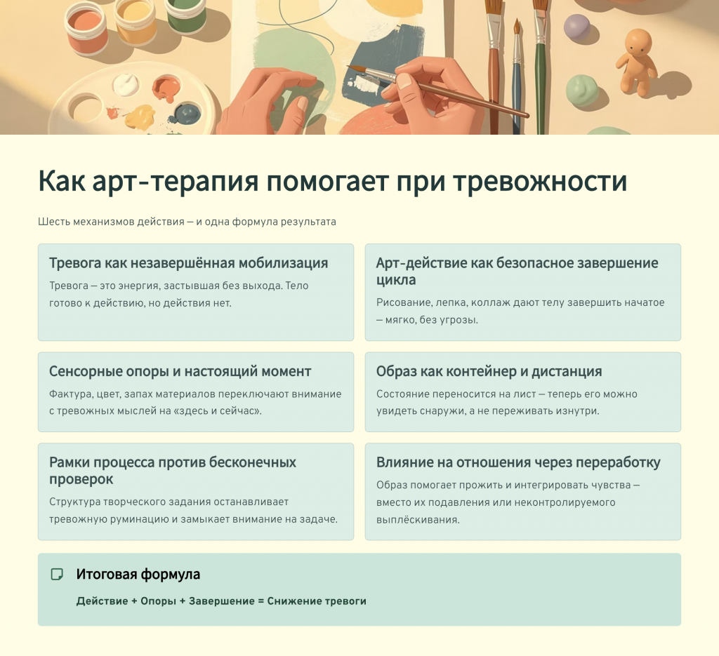 Человек рисует спокойные повторяющиеся линии и цветовые пятна в блокноте, рядом лежат пастель и карандаши, на столе мягкий свет и ощущение сосредоточенности.