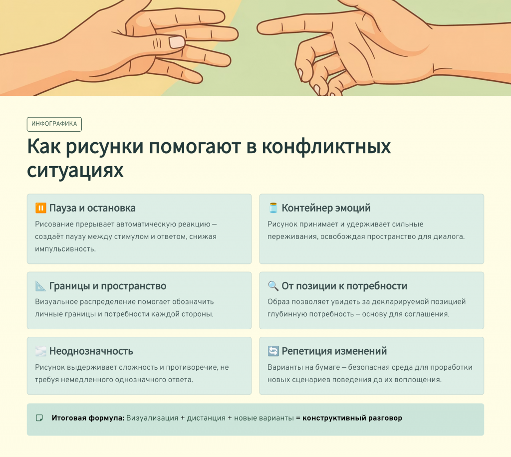 Два человека обсуждают конфликт у стола, рядом лежит лист с простым рисунком схемы отношений и отмеченными границами, вокруг карандаши и блокнот.