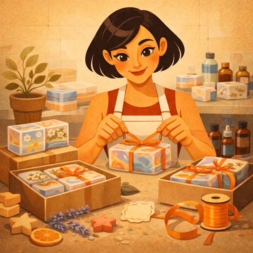 линейка мыла ручной работы в едином стиле, палитре и упаковке на витрине