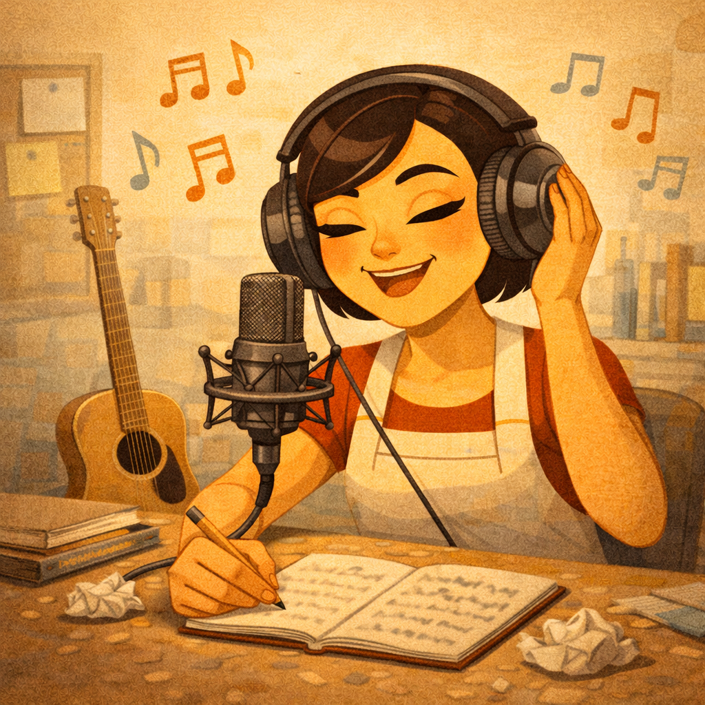 сонграйтер отмечает банальные рифмы в распечатанном тексте песни красным маркером