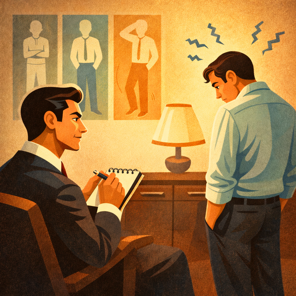 аналитик делает заметки во время беседы, отмечая изменения поведения по темам