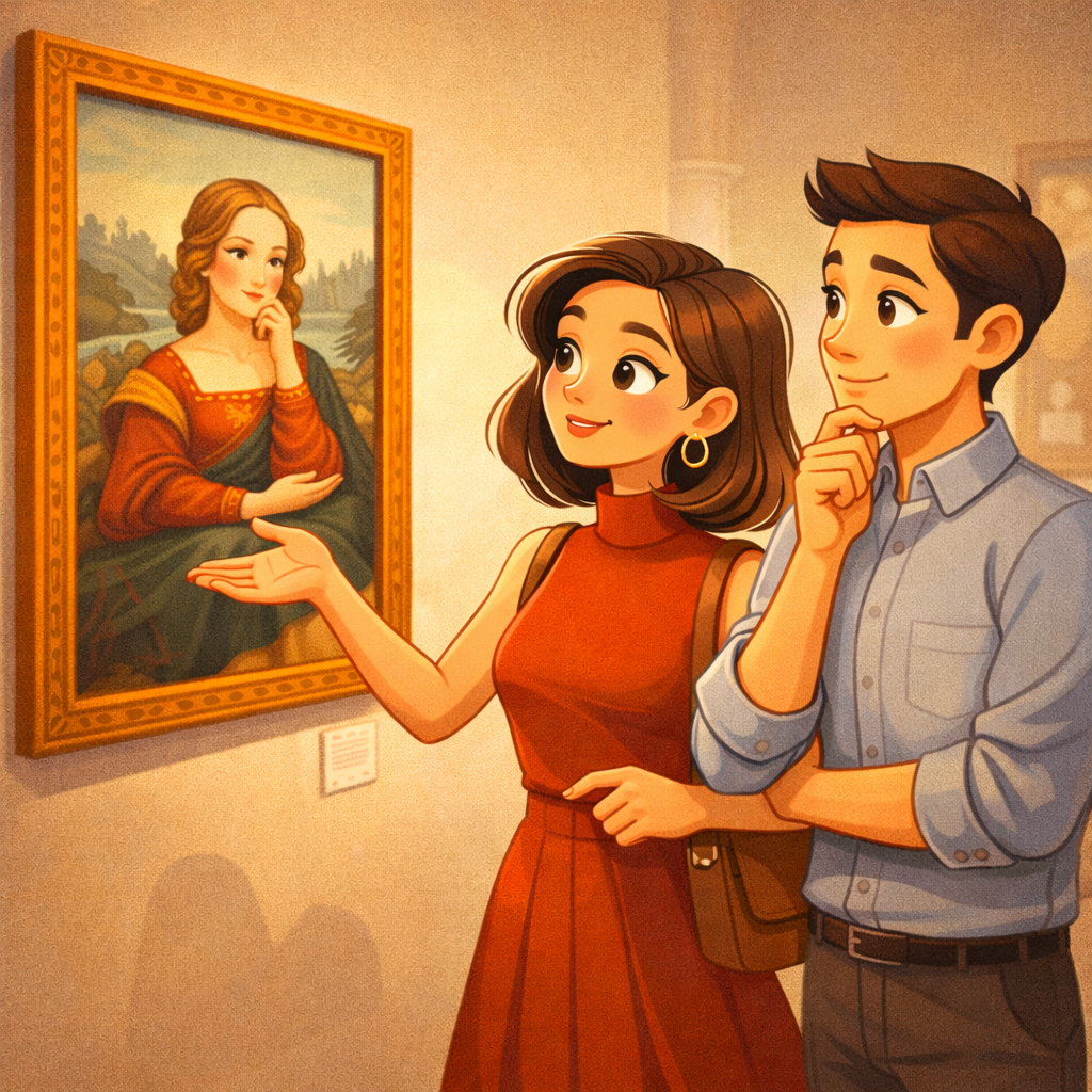 посетитель музея стоит перед картиной и внимательно рассматривает детали мазка и света