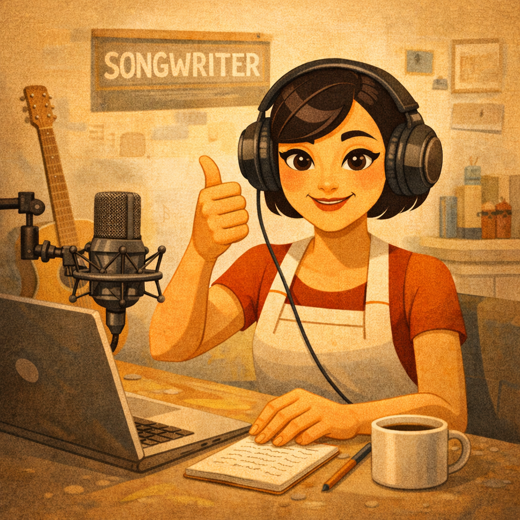 автор напевает мелодию в диктофон рядом с листом текста песни