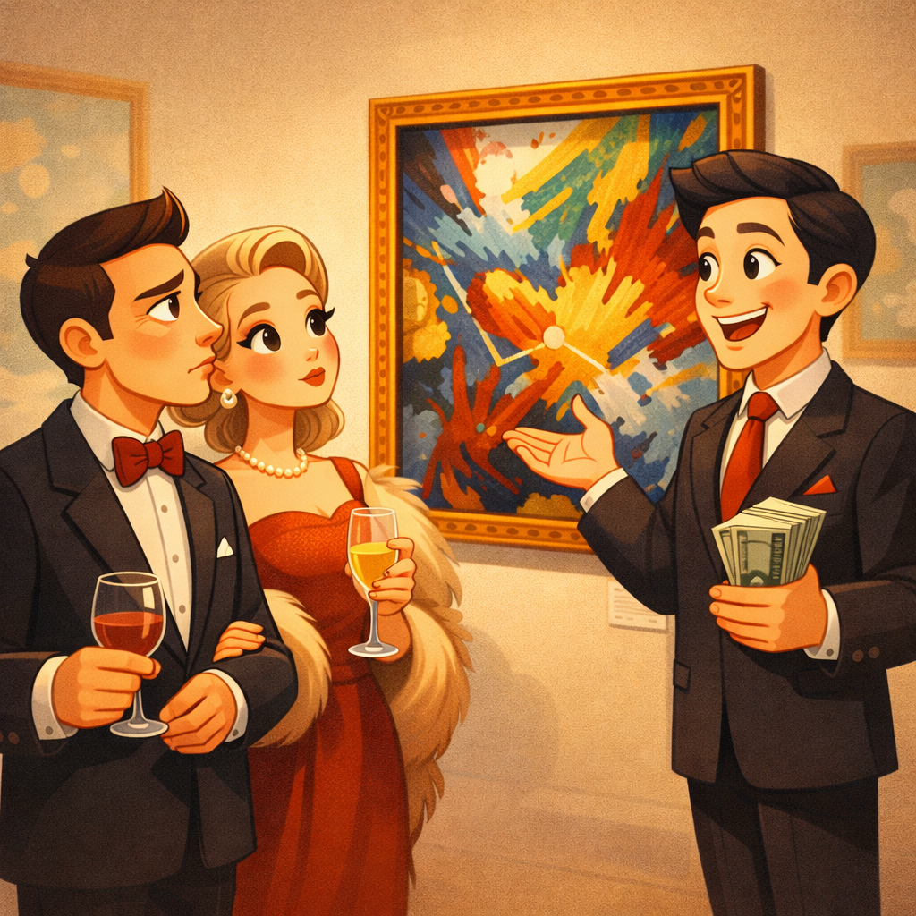 пустая выставочная стена и один авангардный холст, перед ним один зритель