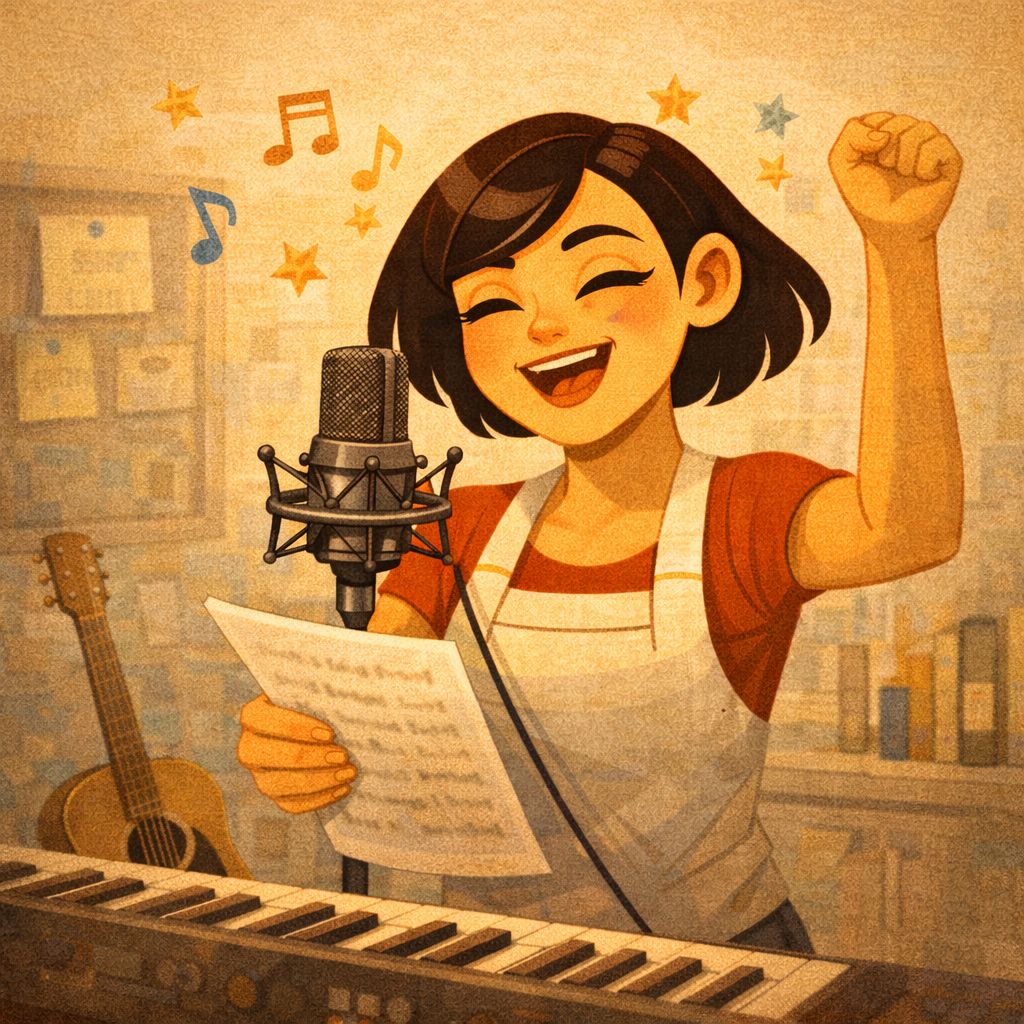 автор песен правит куплет в блокноте рядом с гитарой и диктофоном