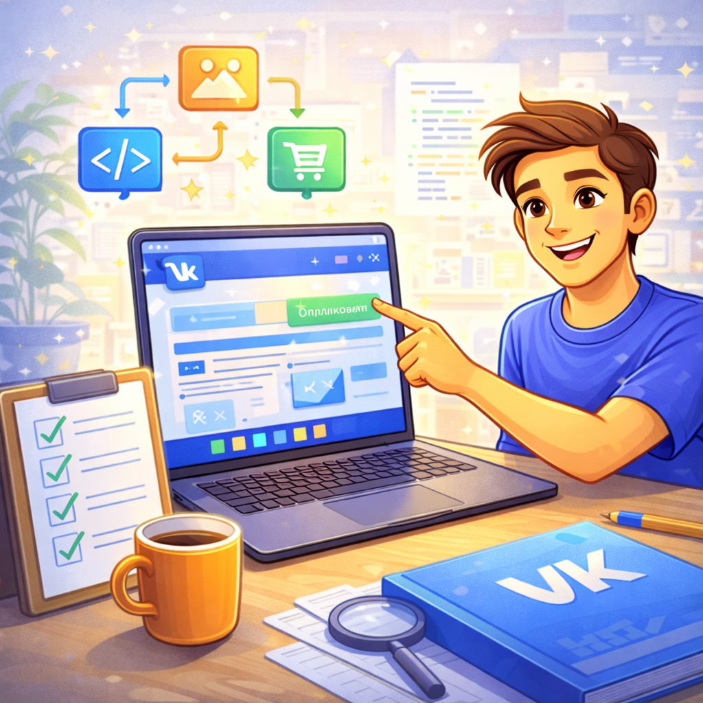 Смартфон с открытым мини-приложением ВКонтакте на экране: интерфейс сервиса с кнопками действий, рядом схематично показаны поток пользователя и монетизация.