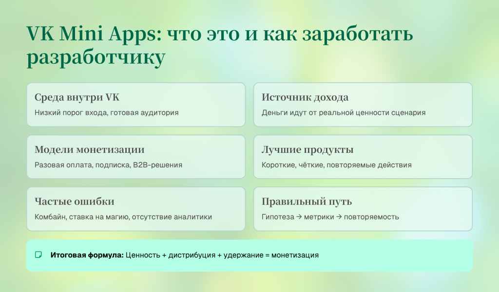 Смартфон с открытым мини-приложением ВКонтакте на экране: интерфейс сервиса с кнопками действий, рядом схематично показаны поток пользователя и монетизация.