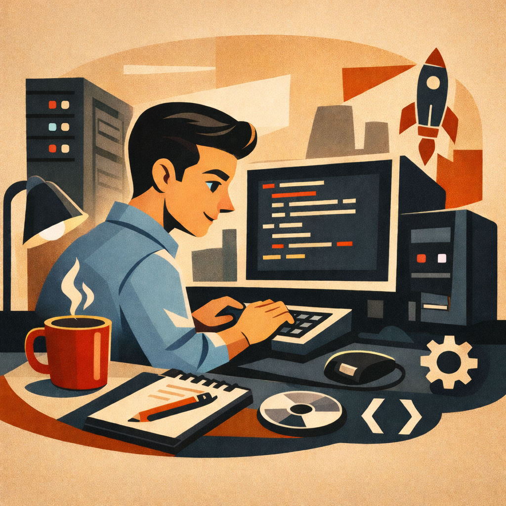 Разработчик пишет код на Go в редакторе, на экране видны goroutines и обработчик HTTP-запросов, рядом схема микросервисной архитектуры.