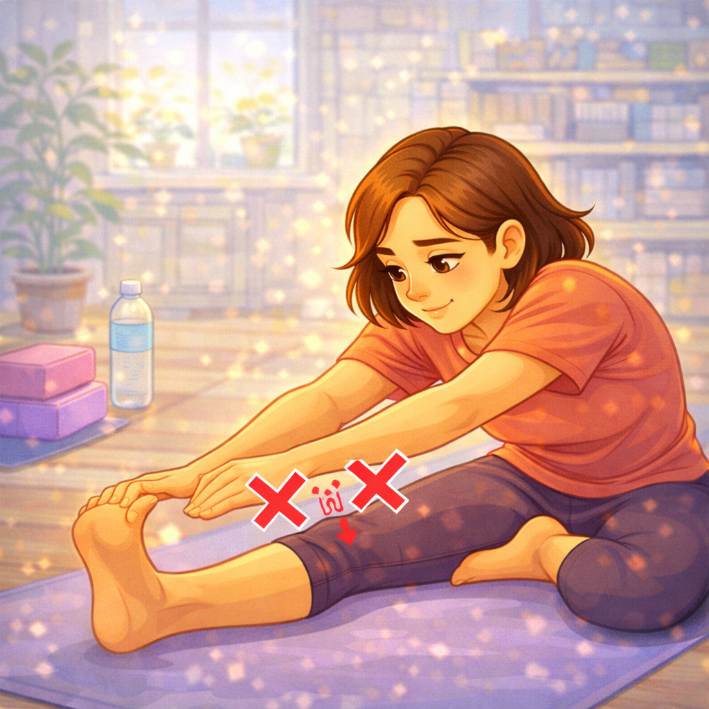 Человек выполняет наклон на коврике дома с чуть согнутыми коленями и длинной спиной; рядом стрелки, показывающие движение таза назад, иконки дыхания и безопасности, без читаемого текста.