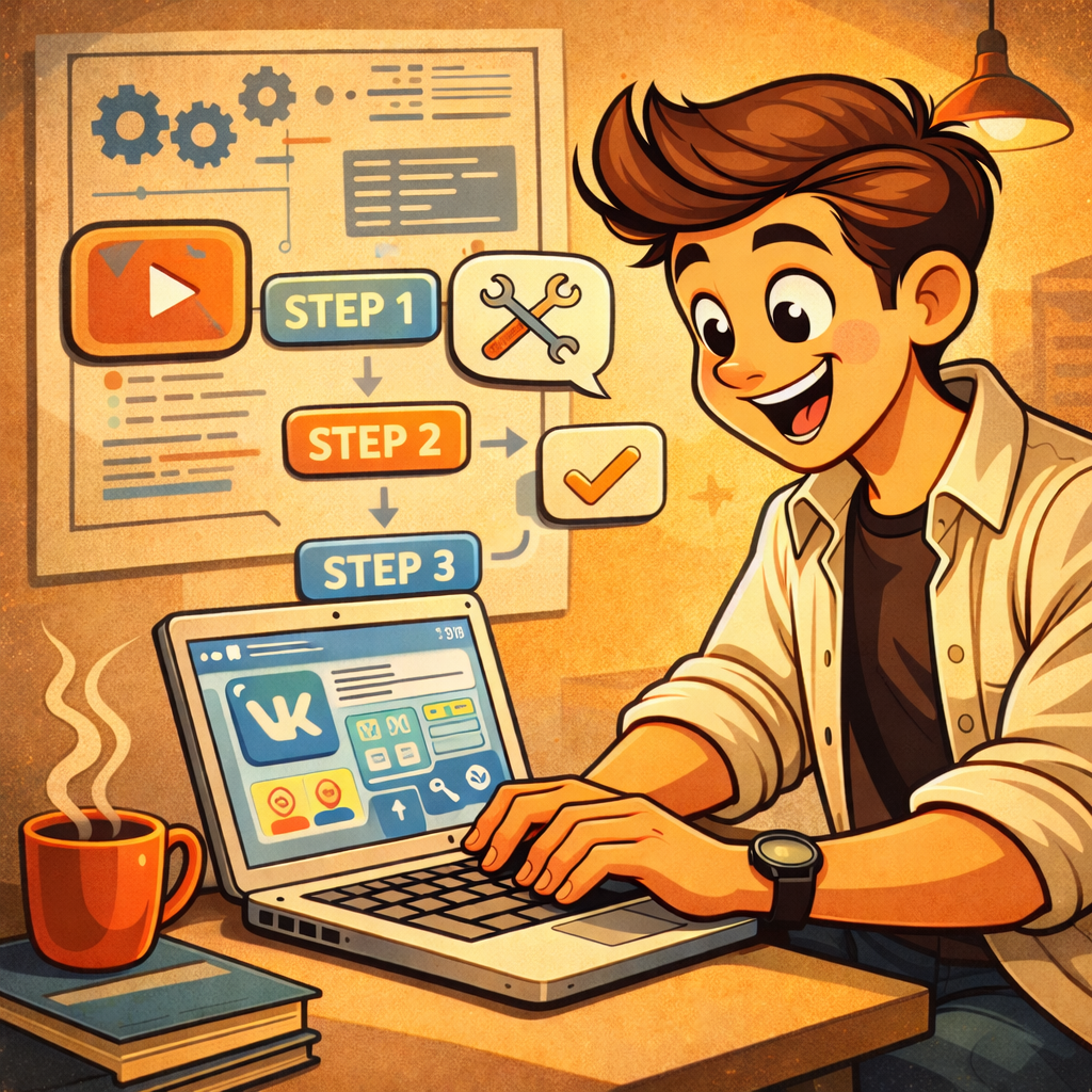 Минималистичная инфографика: смартфон с мини-приложением VK, рядом иконки записи, каталога, лояльности и поддержки, соединённые линиями в одну воронку.