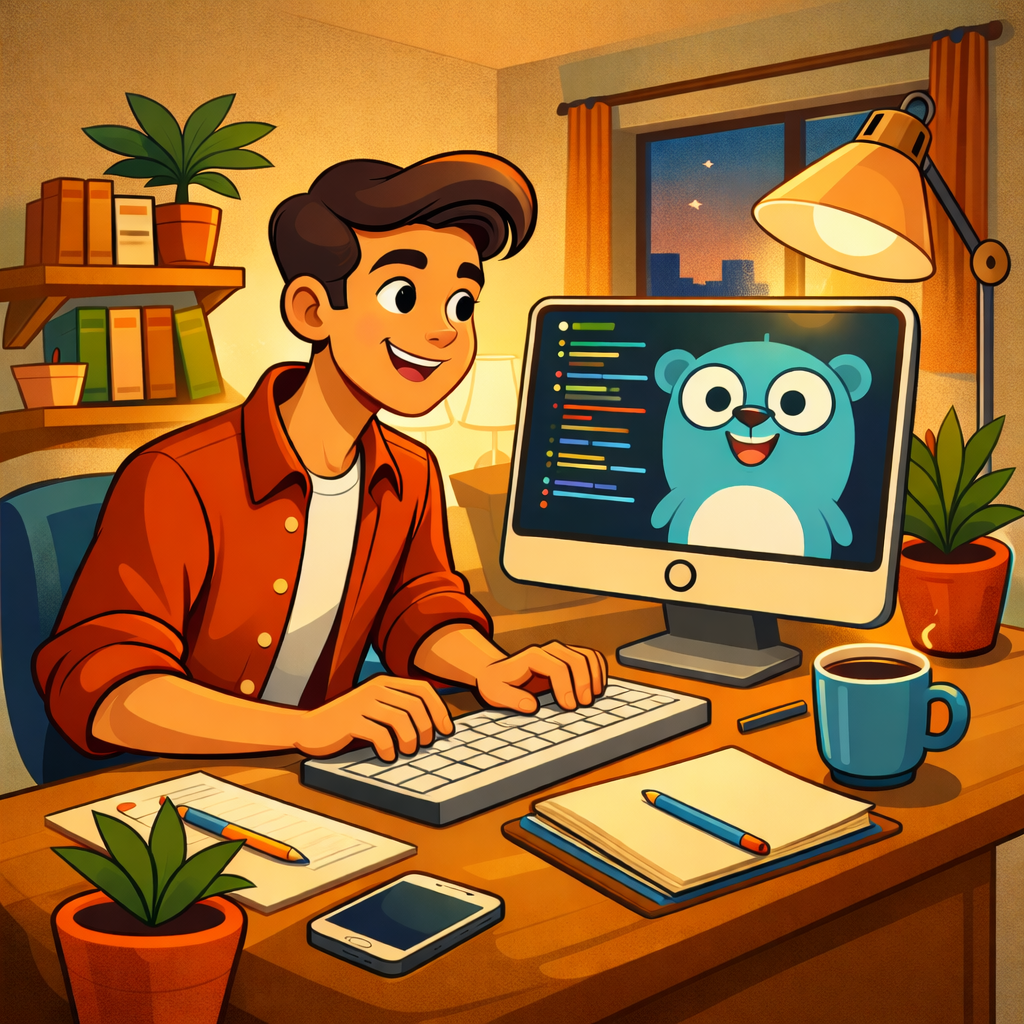 Экран ноутбука с открытым терминалом, командой go version и файлом main.go в редакторе, рядом виден результат запуска.