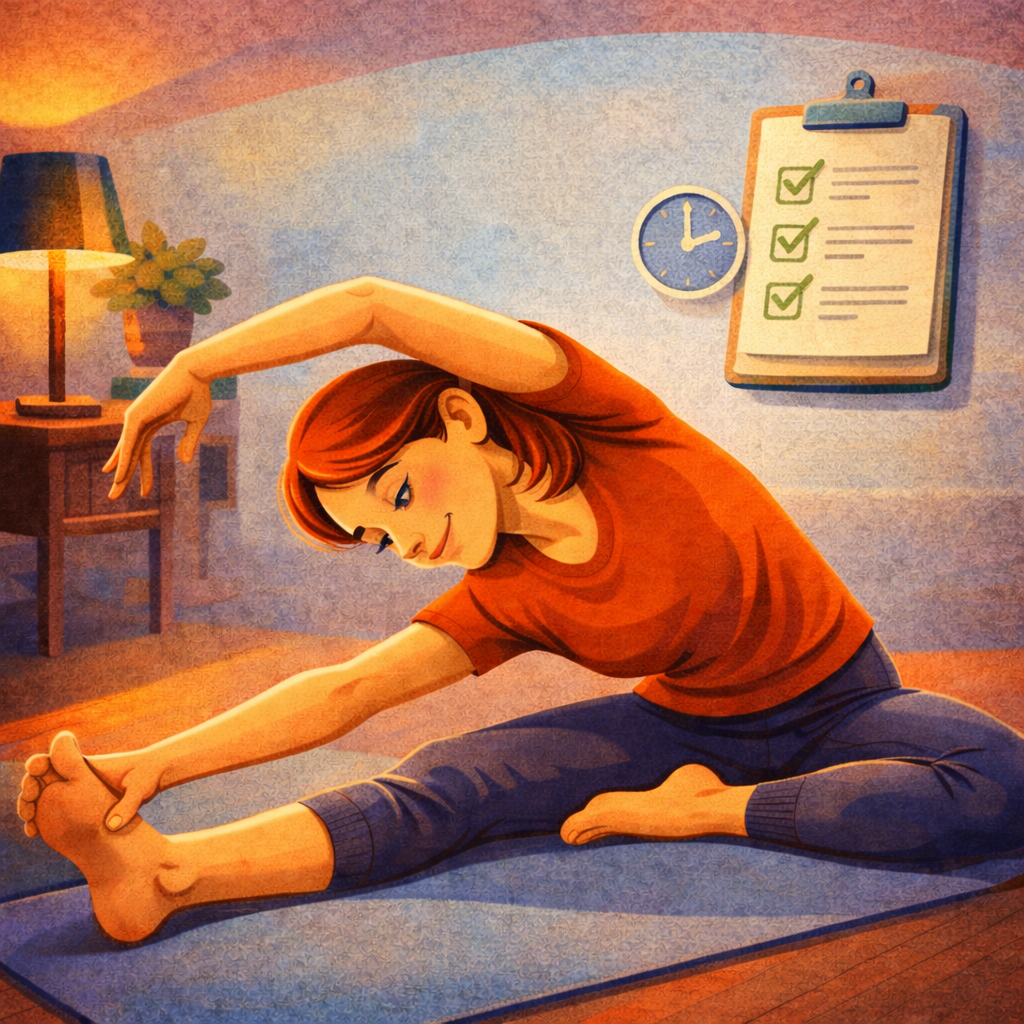 Человек дома на коврике отмечает план тренировки на гибкость в блокноте; рядом таймер, ремень и блоки для опоры, спокойная минималистичная обстановка, без читаемого текста.