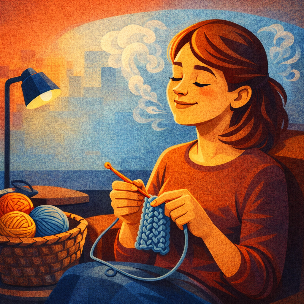 На столе один крючок, небольшой моток пряжи и распущенная нить со старого изделия, рядом лежит маленький учебный образец вязания и ножницы; минимальный набор для старта.