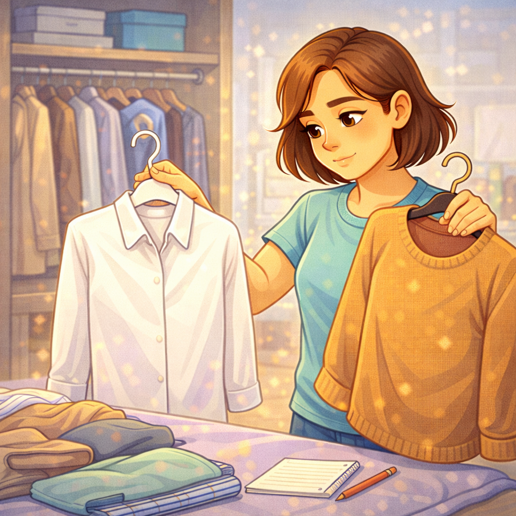 Открытый шкаф и разложенные по категориям вещи на нейтральной поверхности; рядом блокнот с планом разбора и аккуратная стопка «оставить/проверить/убрать», без читаемого текста.