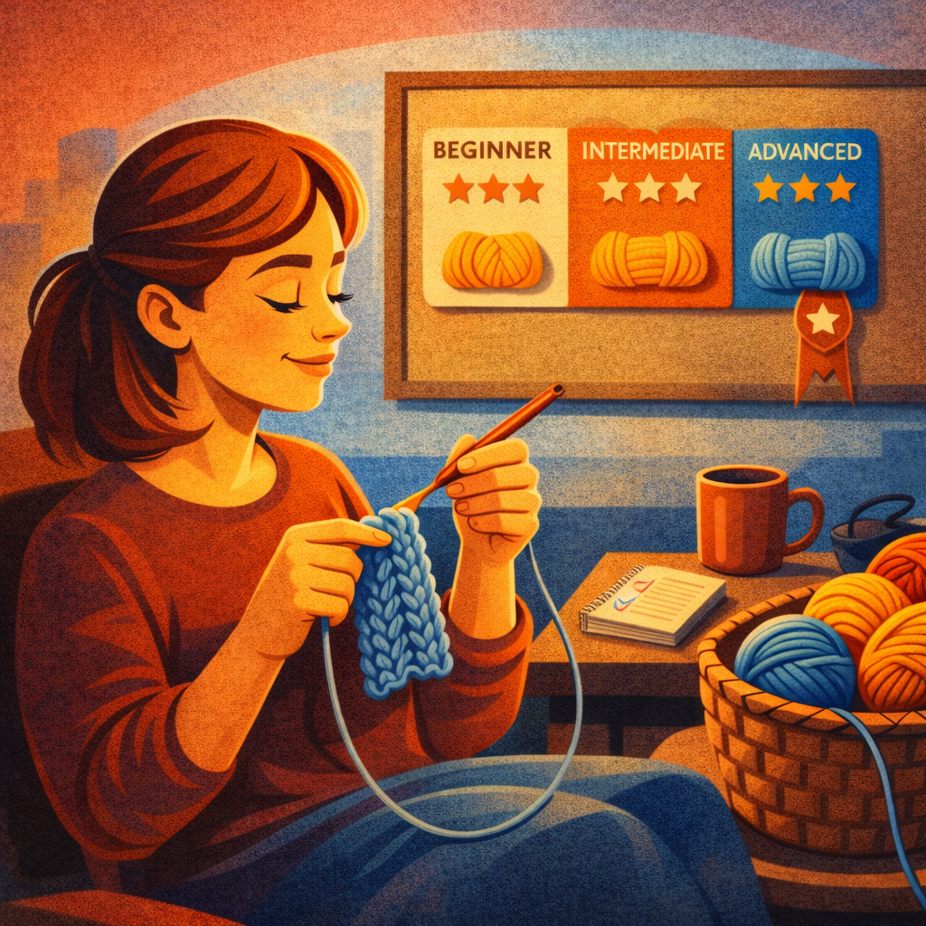 Руки держат крючок и пряжу над небольшим образцом полотна с ровными столбиками, рядом лежит моток гладкой пряжи и схема базовых петель.