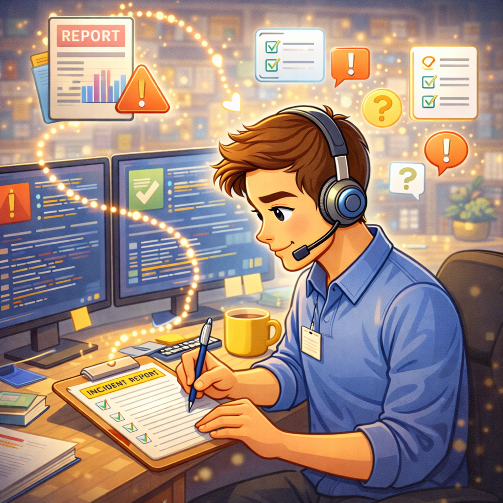 Команда техподдержки обсуждает эскалацию у доски с метриками, рядом ноутбук с тикет-системой и схемой причин инцидента, атмосфера спокойной рабочей концентрации.