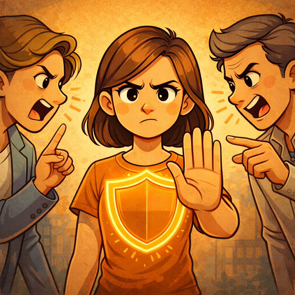 Человек смотрит на диплом или награду с сомнением, рядом тень в форме вопросительного знака как символ внутреннего критика и обесценивания.