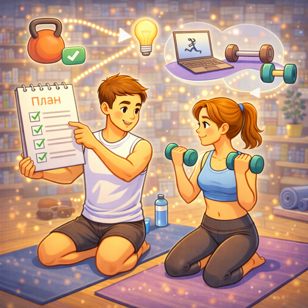 Минималистичная схема тела с выделенными зонами плеч, тазобедренных и голеностопа; рядом человек выполняет медленное мобилизационное движение на коврике, без читаемого текста.