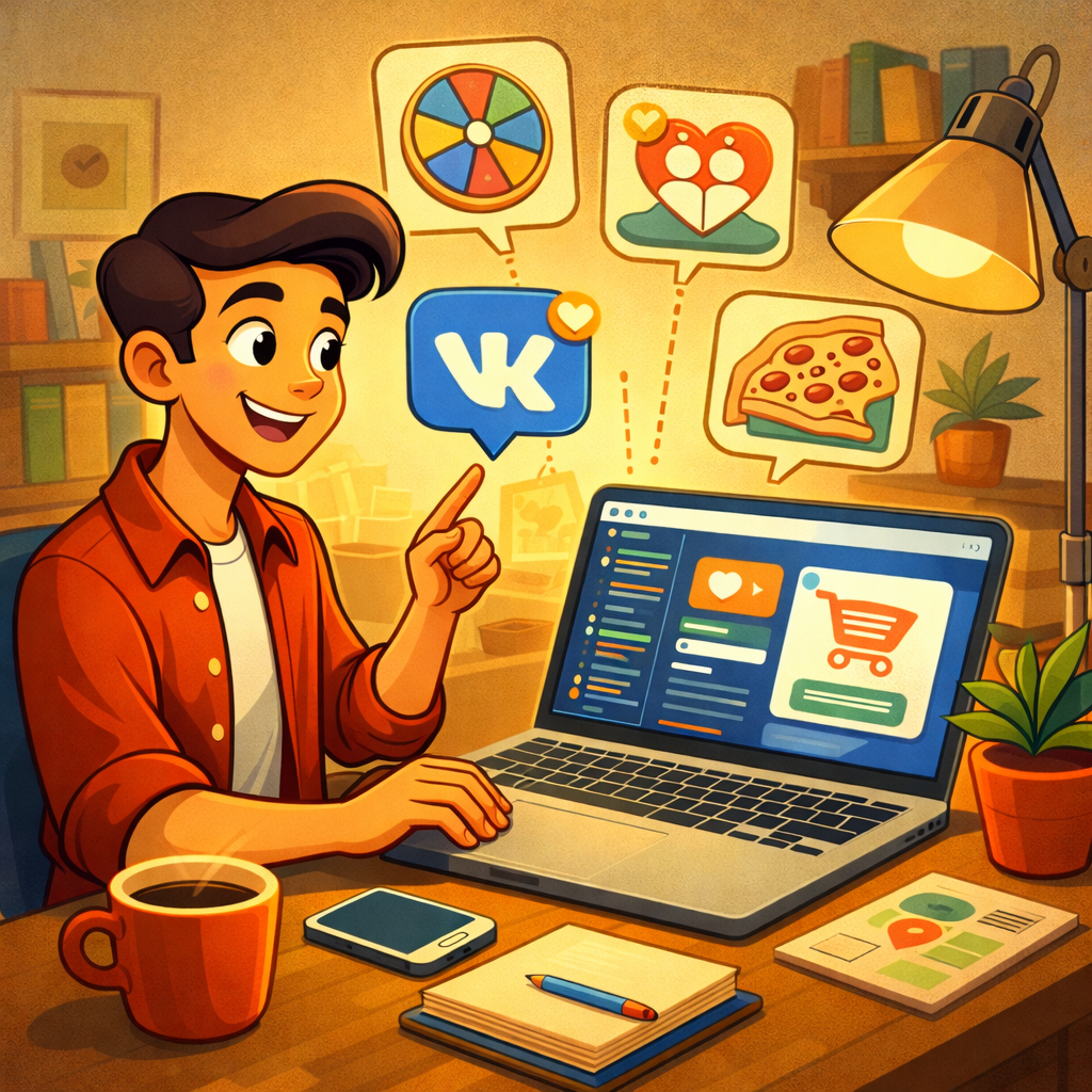 Ноутбук с кодом мини-приложения VK и рядом диаграмма проекта: оценка, релиз, модерация, поддержка, стрелки показывают этапы и риски.