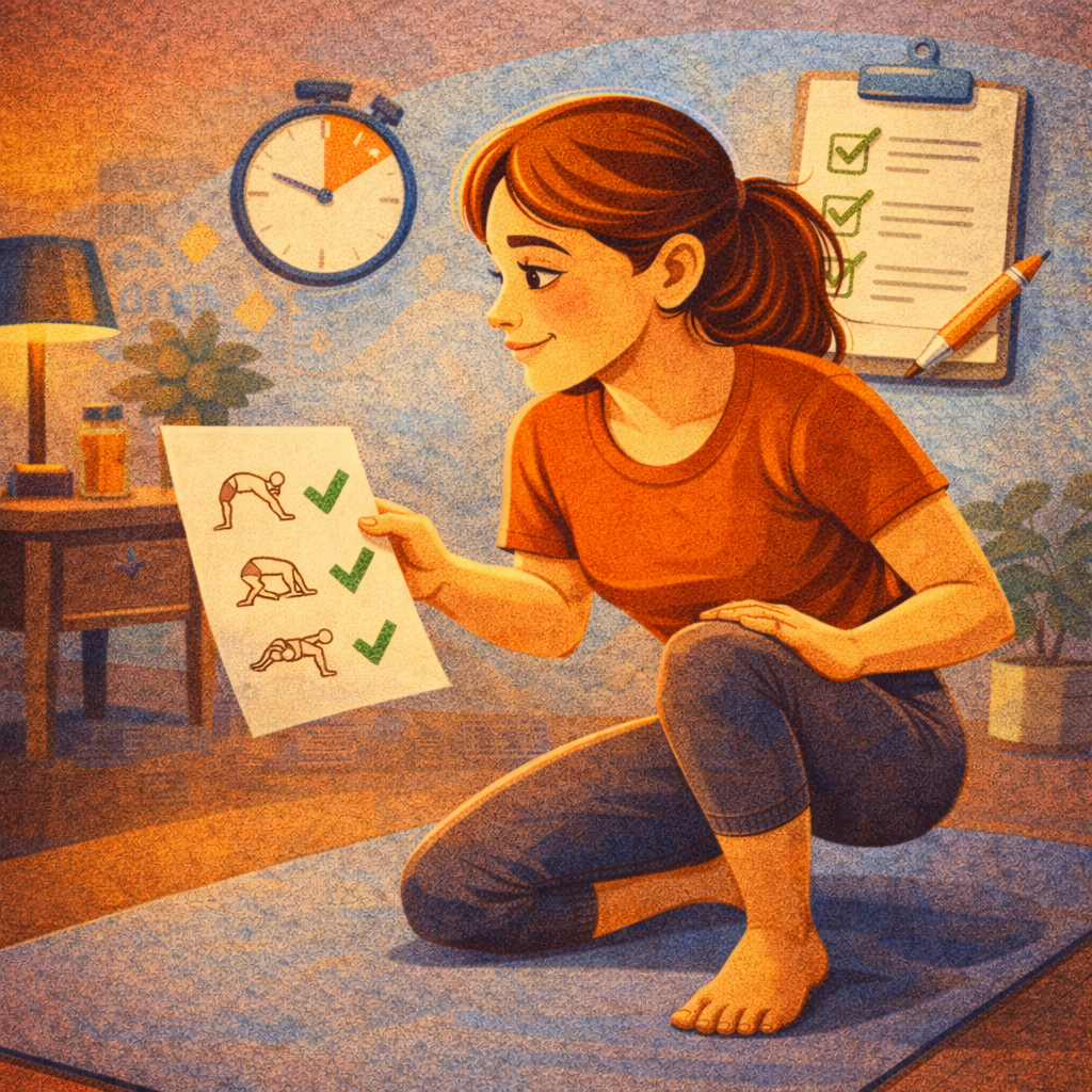 Человек выполняет мягкую растяжку дома с таймером и блоками для опоры; рядом календарь на две недели с отмеченными короткими тренировками, без читаемого текста.