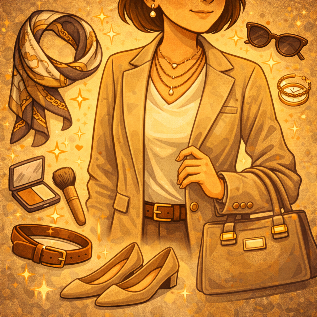 На нейтральной поверхности лежат базовые аксессуары: структурная сумка, ремень, лаконичные серьги и аккуратная пара обуви; рядом иконки формальности и качества, без читаемого текста.